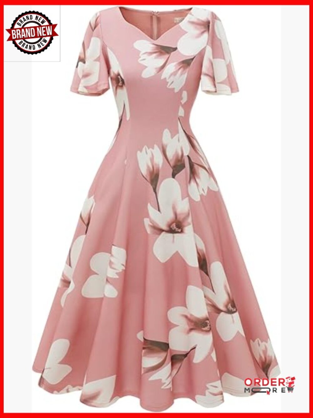 Vintage Fit & Flare Midi Dress with Short Sleeves V-Neckline